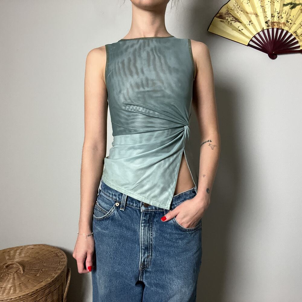 princess polly aquamarine green paneled mesh slit high neck tank top